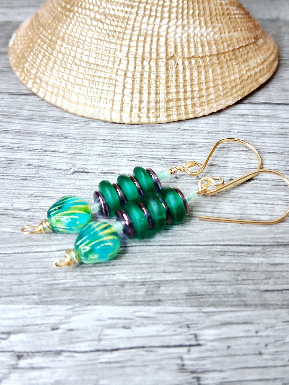 Czech Glass Seashell Beaded Dangle Earrings